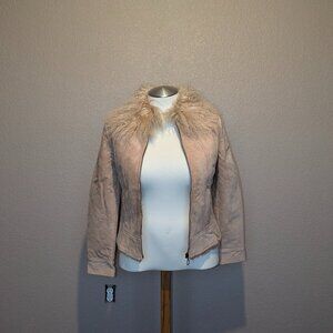 MNG Beige Genuine Leather Jacket with Furred Collar M